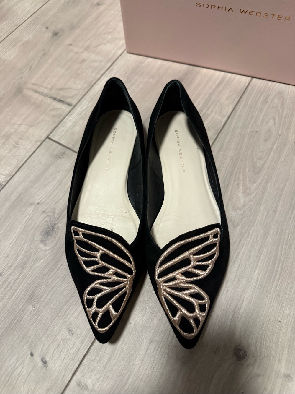 Sophia Webster Bibi Butterfly Black Suede Rose Gold Flats